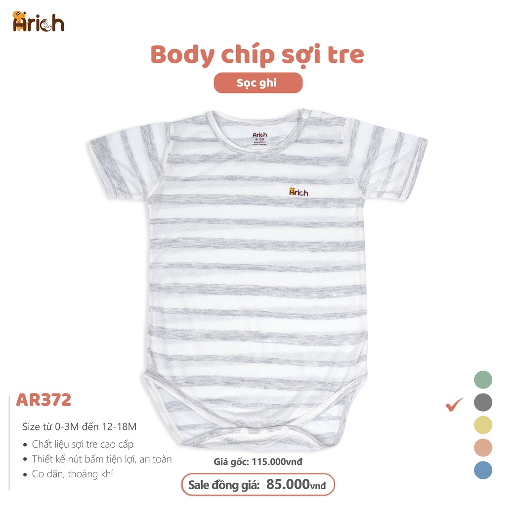 Bộ body chíp cộc tay vải sợi tre phối sọc Arich, sơ sinh (newborn) đến 18 tháng