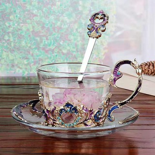 Hộp quà cốc(ly) thủy tinh enamel HOÀNG GIA (tím)- SONG NGƯ HOA THẢO TRÀ