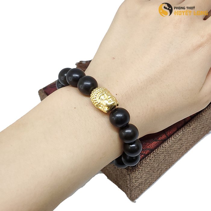 Vòng Tay Gỗ Mun Sừng Mix Mặt Phật Xi Vàng, Vòng Tay Phong Thủy Nam Nữ