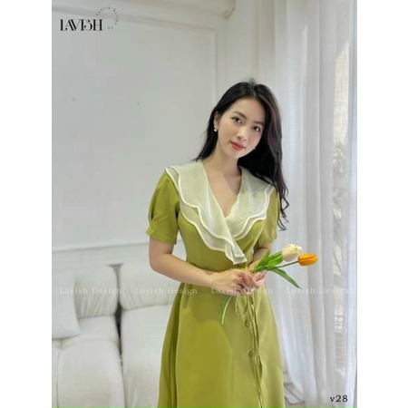 Đầm Tiểu Thư Nút Lệch Cotton Phối Tơ Gân