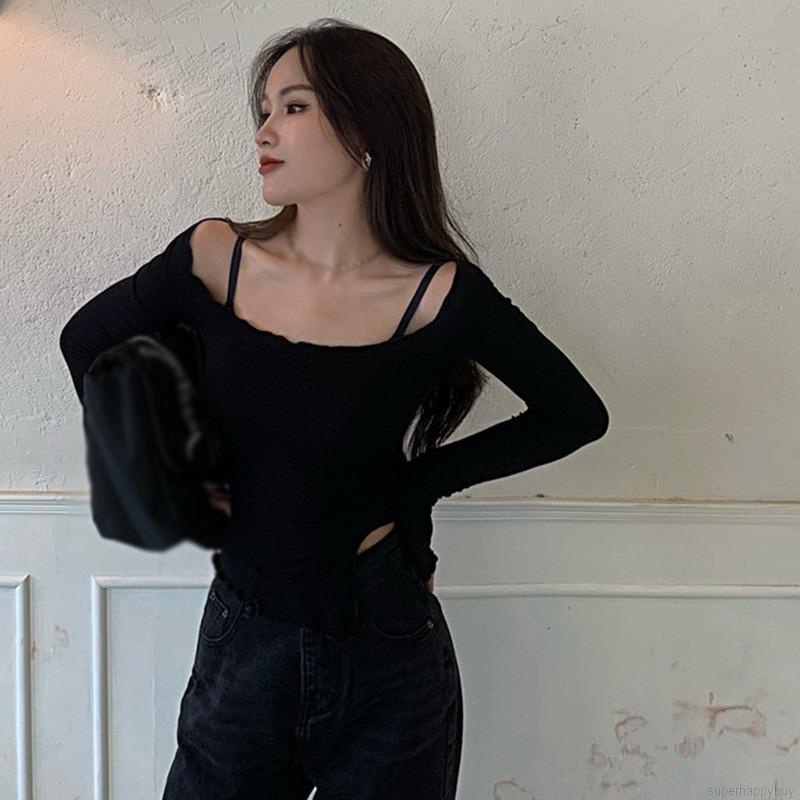 Áo Thun Tay Dài Dáng Ôm Kiểu Hàn Quốc Thiết Kế Lệch Tà Cá Tính Cho Nữ