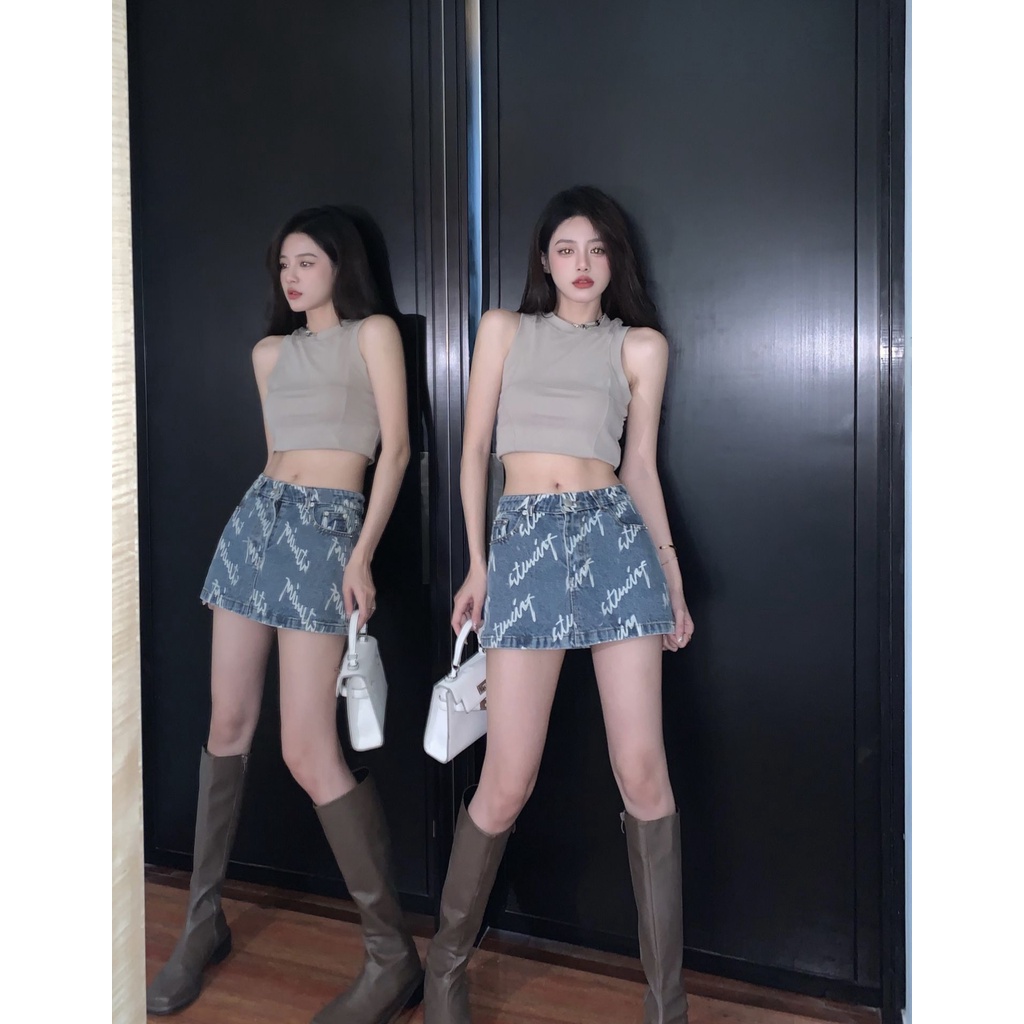 Chân váy jean chữ A IHKKE lưng cao dáng ôm phong cách retro dành cho nữ