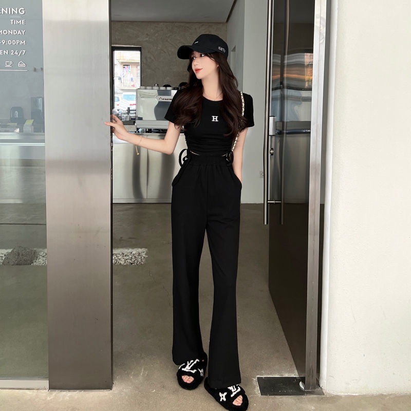 Set đồ COZOKC gồm áo thun ngắn tay và quần dài ống rộng thời trang cho nữ