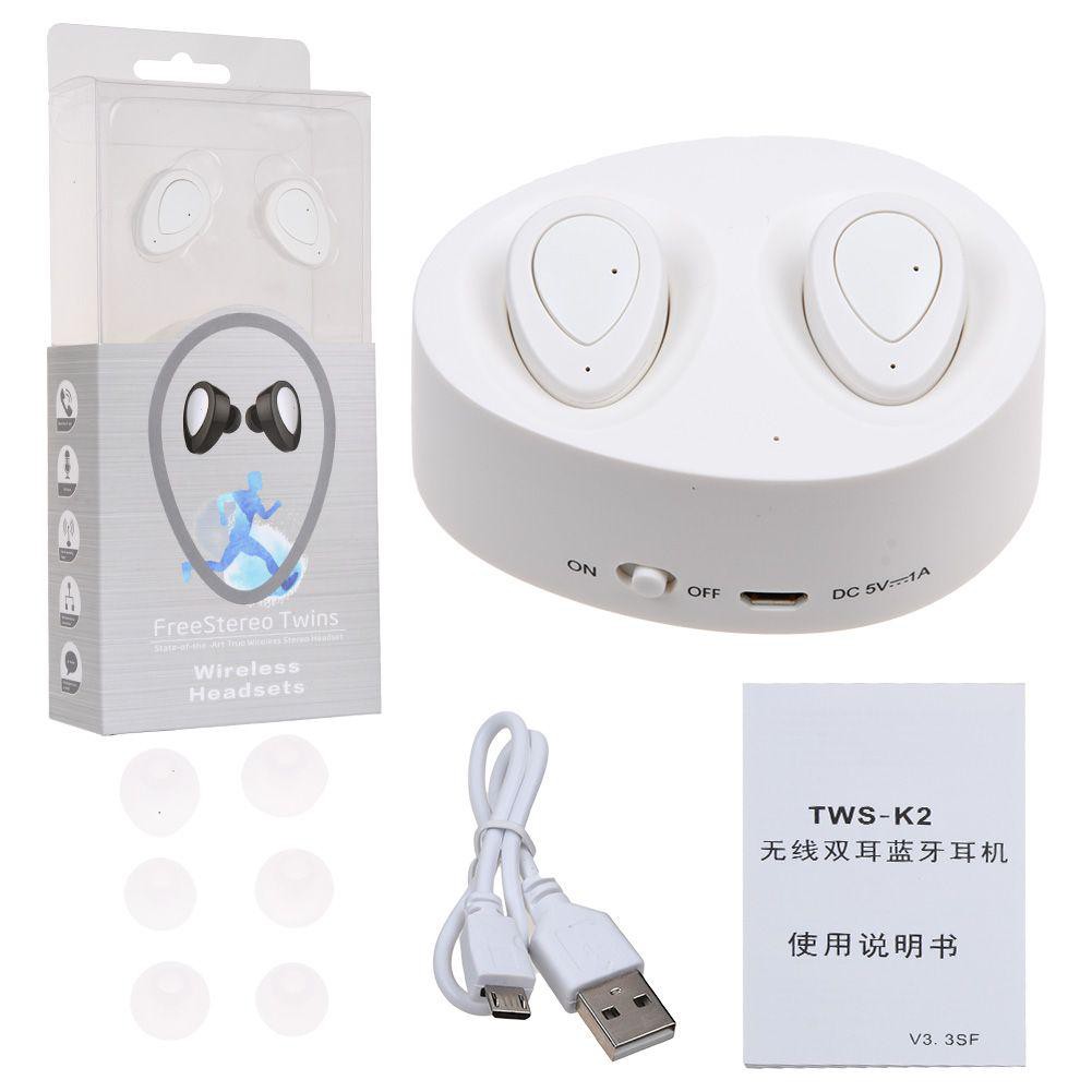 Tai Nghe Bluetooth TWS-K2 Wireless Earbuds iOS/Android V4.1 - Có dock sạc Màu Trắng