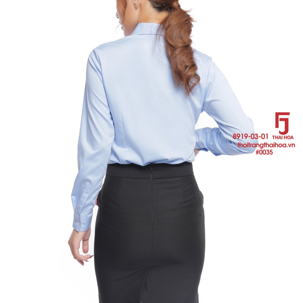 Áo sơ mi nữ dài tay đẹp kiểu công sở cao cấp màu xanh dương sợi tre Thái hoà 8919-03-01