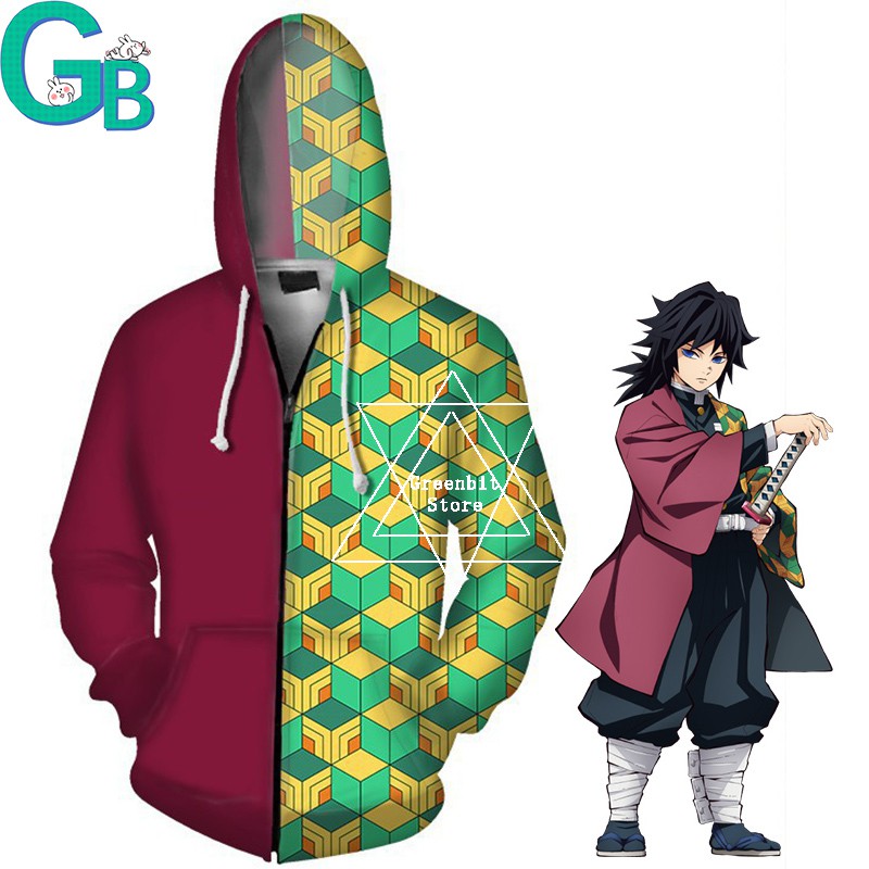 Men Boys Anime Demon Slayer: Kimetsu no Yaiba Tomioka Giyuu 3D Cosplay Long Sleeve Zipper Jackets Coat