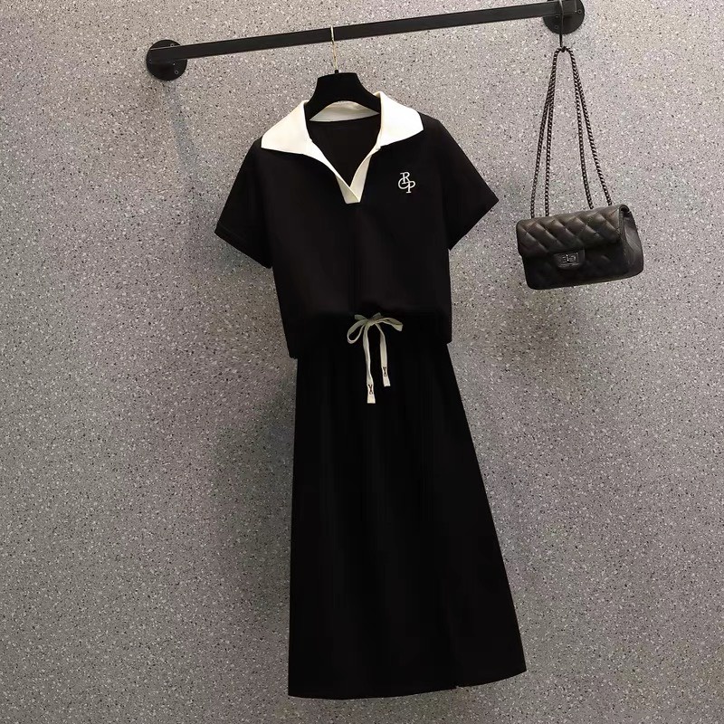 Set chân váy áo thun , chất cotton zip thêu OP , Đồ bộ nữ chân váy