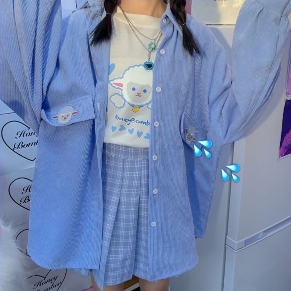 Áo Sơ Mi Nhung Kẻ Thêu Hình Dễ Thương Dành Cho Nữ