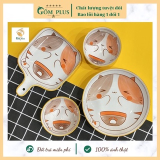 Bộ bát đĩa cute bằng sứ hình mèo cam, bát ăn dặm đáng yêu dành cho bé (Set có bán lẻ), Gốm Plus