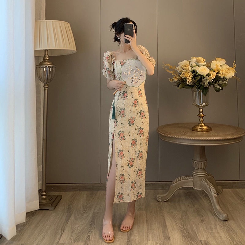 Đầm Tay Phồng In Họa Tiết Hoa Phong Cách Pháp Ngọt Ngào Thời Trang Mùa Hè Cho Nữ