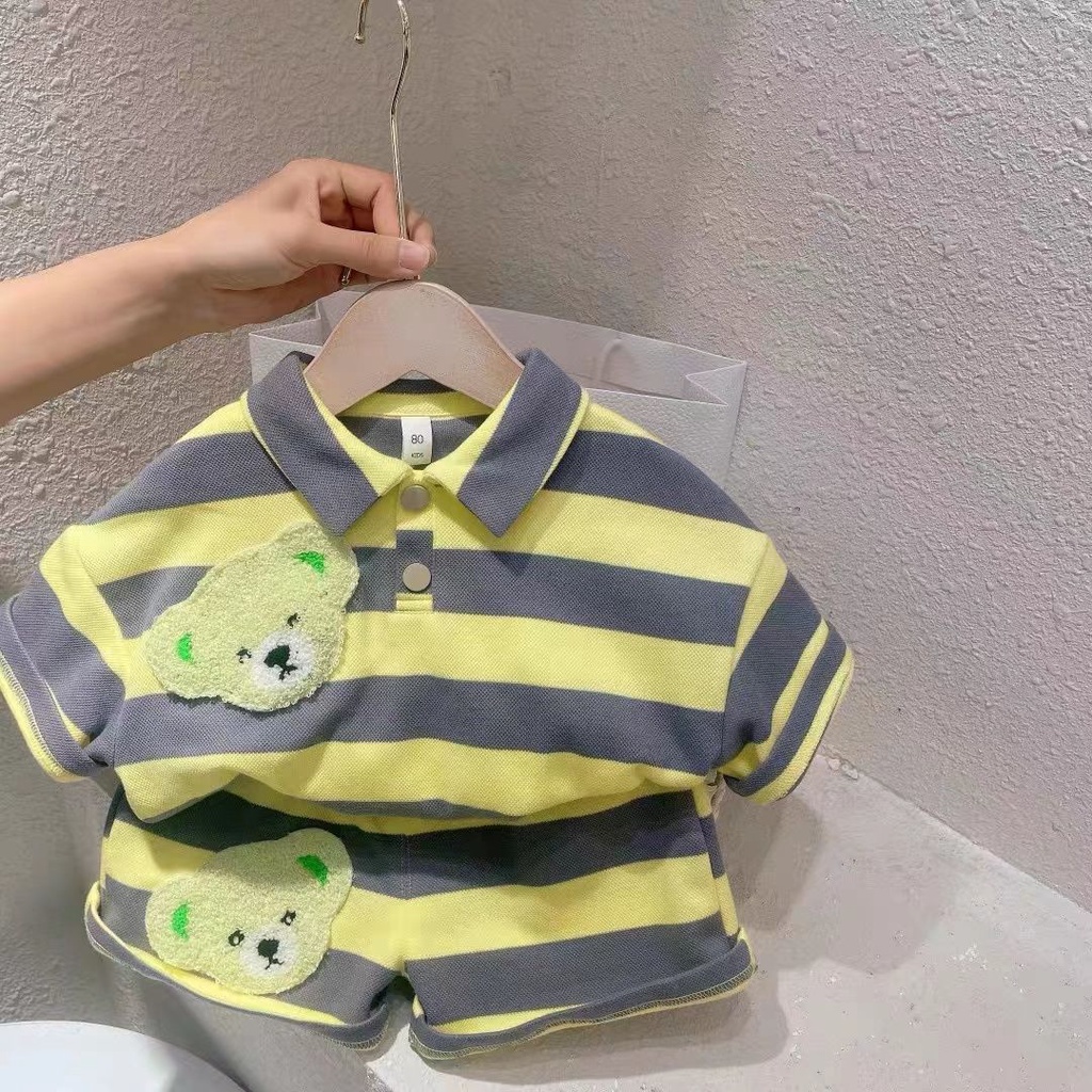 Bộ Đồ Thể Thao Mùa Hè 2023 Gồm Áo Thun Cotton Tay Cộc Kẻ Sọc + Quần Ngắn Cho Bé Trai Mới