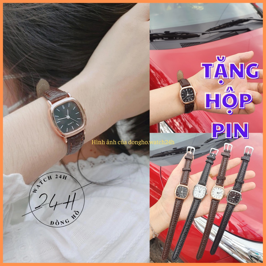 Đồng hồ nữ, đồng hồ dây da Vintage V3 nhỏ xinh cho các nàng tay nhỏ , mặt vuông bo tròn cá tính