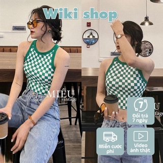 Áo croptop ba lỗ nữ kẻ caro xanh trắng hot trend chất thun co giãn tập gym yoga hở eo sexy Wikishop ulzzang C946