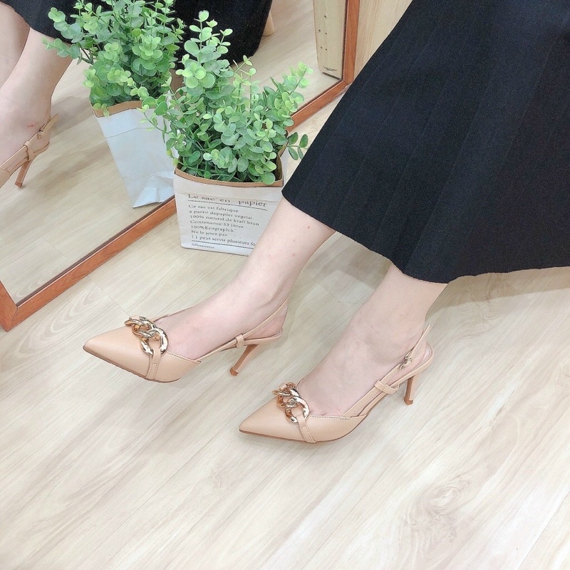 M76: Giày công sở mũi nhọn hở gót, gót nhọn 9cm