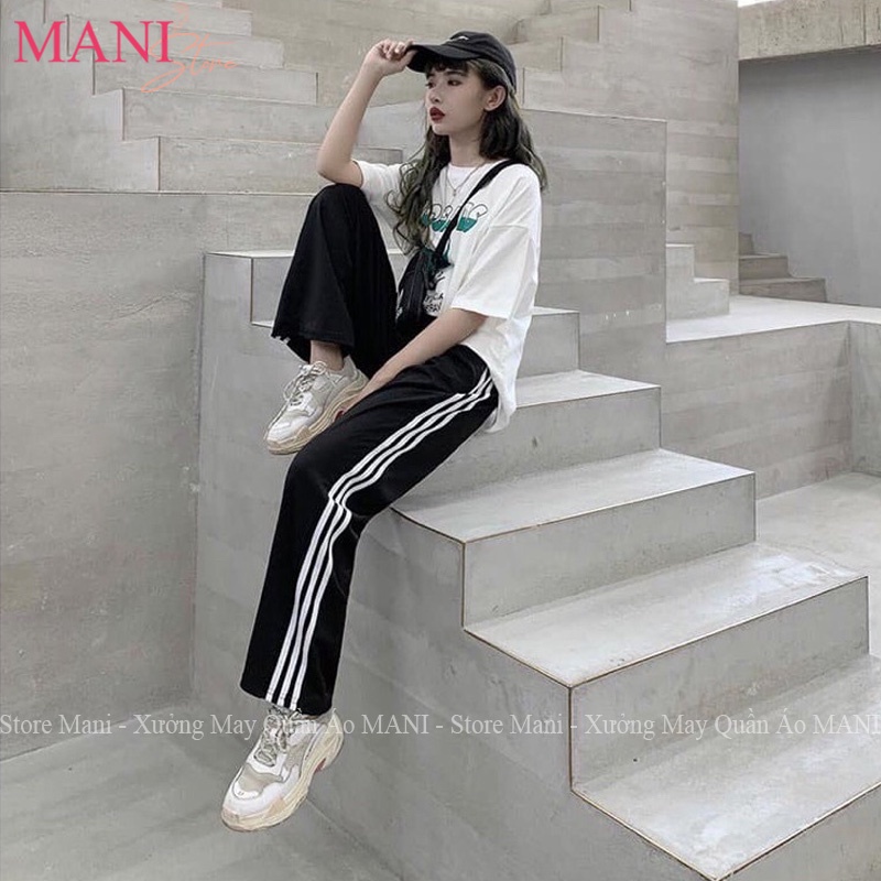 quần ống suông CHO BẠN NỮ phối 3 sọc trắng phong cách mặc đi chơi học thể dục