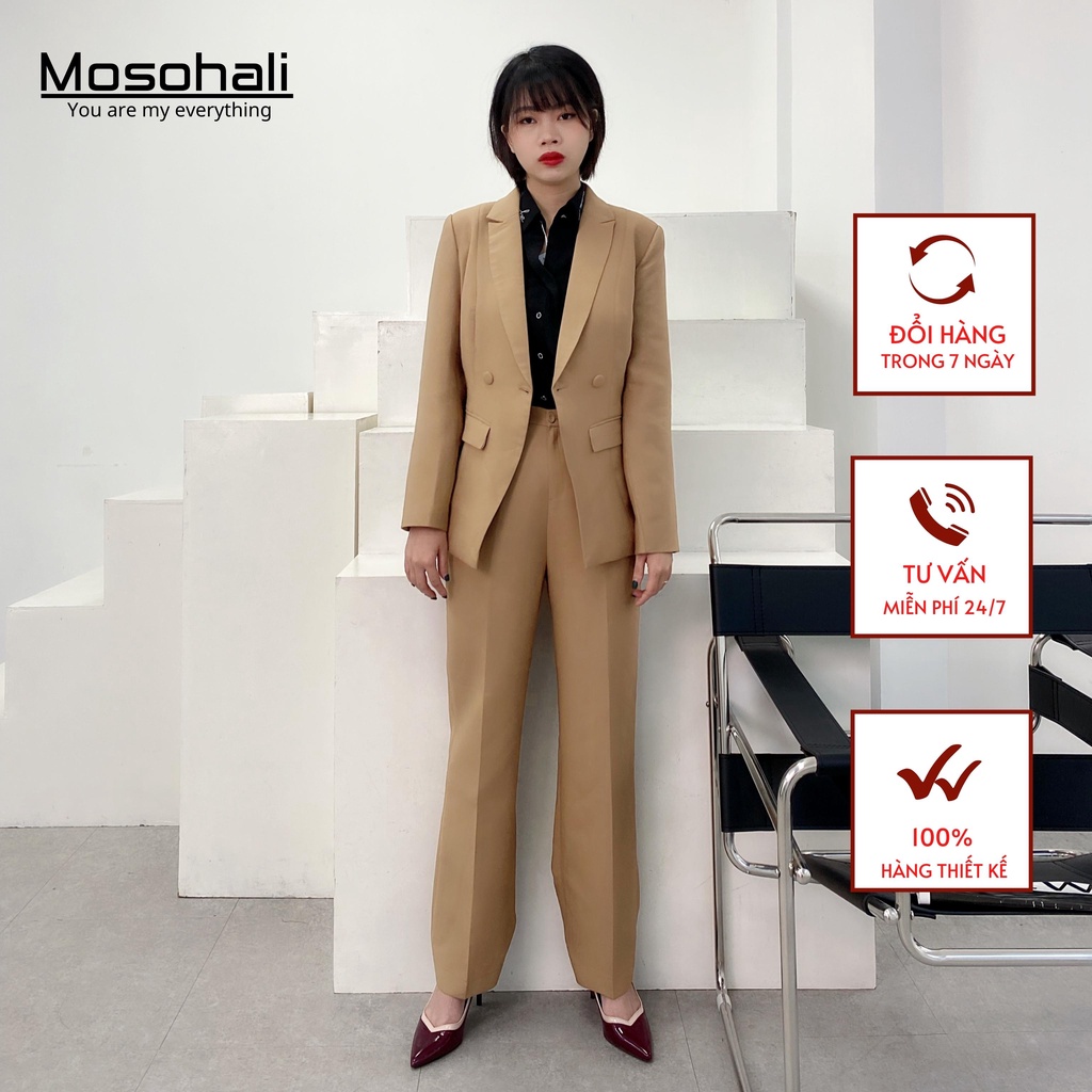 Set blazer nữ Nâu sang trọng Mosohali dáng ôm áo vest 1 khuy cùng quần tây set blazer nữ thiết kế thời trang công sở