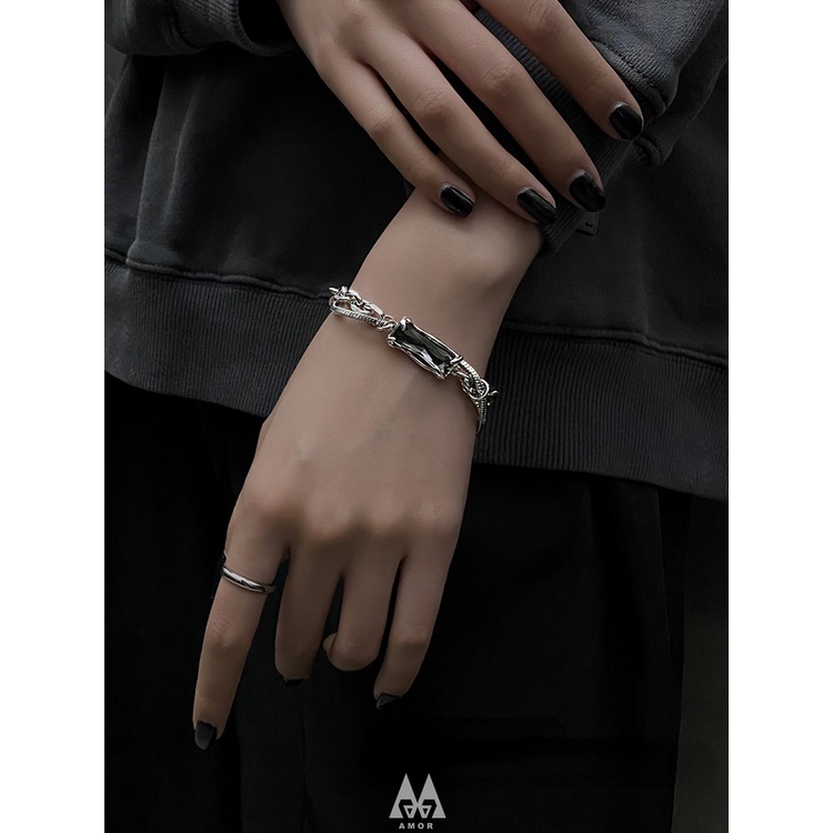 Vòng Tay Thép Titan Đen Đính Đá zircon Phong Cách hip hop Cá Tính Cho Cặp Đôi