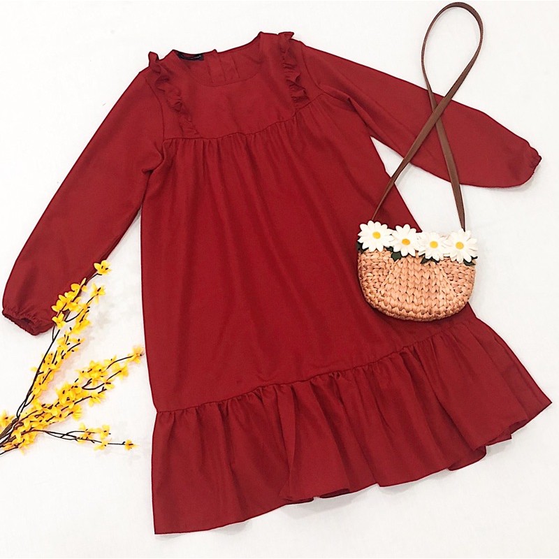 Đầm váy đỏ bèo vai tay dài (kèm hình thật) | BigBuy360 - bigbuy360.vn