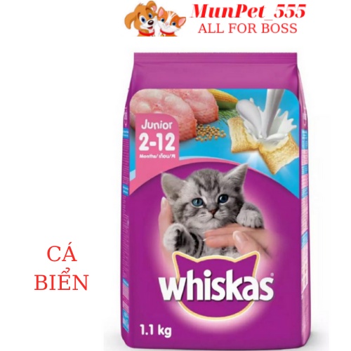 Hạt whiskas mèo con  vị cá biển và sữa dạng túi 1,1kg nhập khẩu thái lan