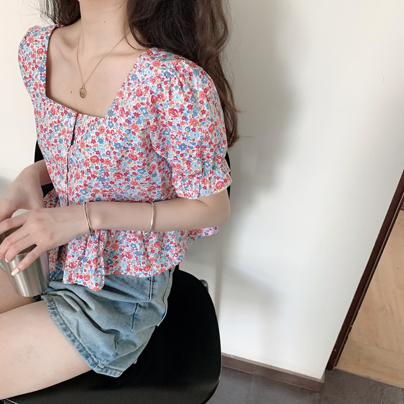 Xiaozhainv Áo nữ tay ngắn in hoa phong cách Hàn Quốc | BigBuy360 - bigbuy360.vn