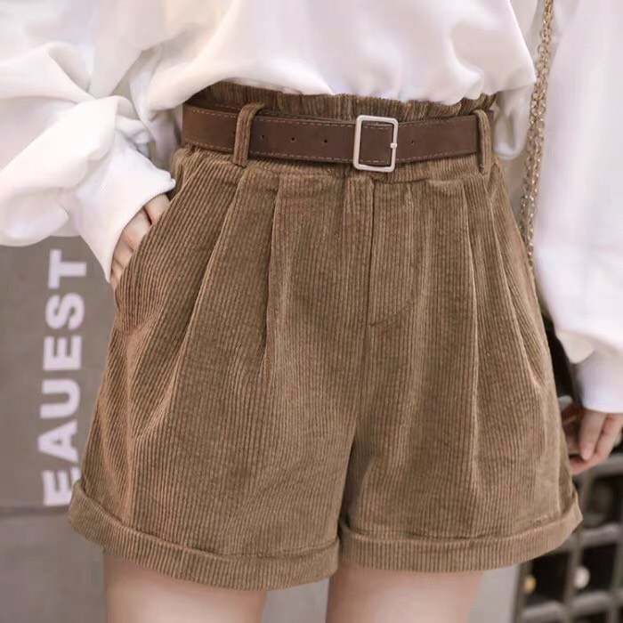 Quần shorts nữ nhung tăm kèm đai ba màu đen nâu kem đậm cạp lưng cao quần đùi nữ phong cách hàn quốc MÃ 912