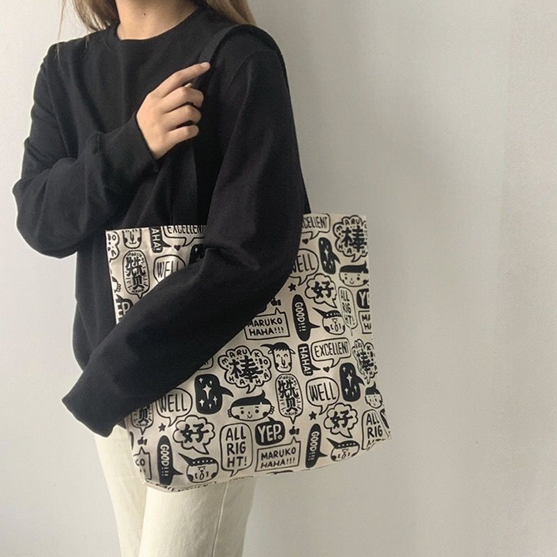 Túi Đeo Vai Vải Canvas Cỡ Lớn Thiết Kế Xinh Xắn Hợp Thời Trang