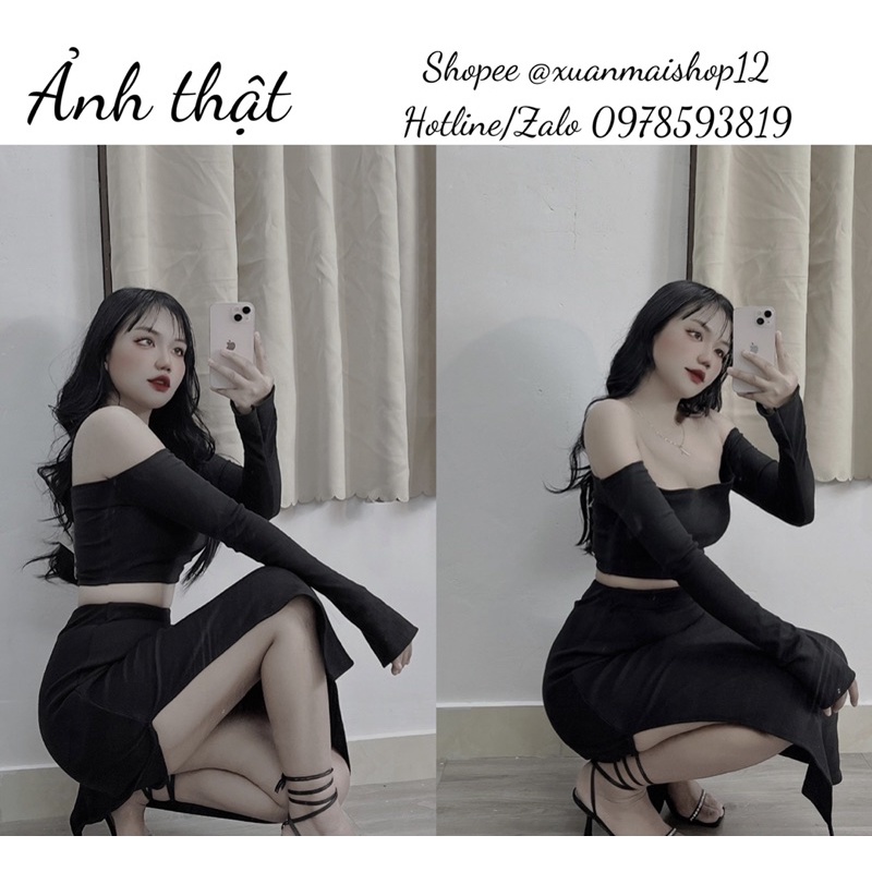 [FREESHIP - Ảnh thật phía sau] Set 2 món áo croptop tay dài loe trễ vai + chân váy dài xẻ tà hack chân siêu đỉnh