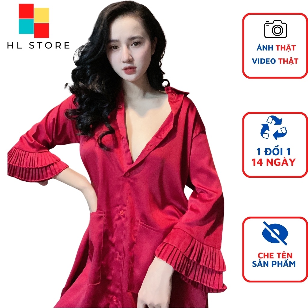 Đồ ngủ sexy đầm ngủ sơ mi gợi cảm, tay phối dập ly Hải Lan Store, chất liệu lụa satin, freesize 40-65kg tùy chiều cao