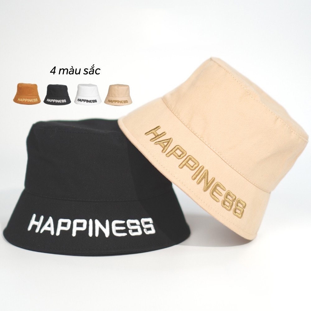 Mũ bucket thêu hình HAPPINESS nón vành tròn thời trang nam nữ AH1556