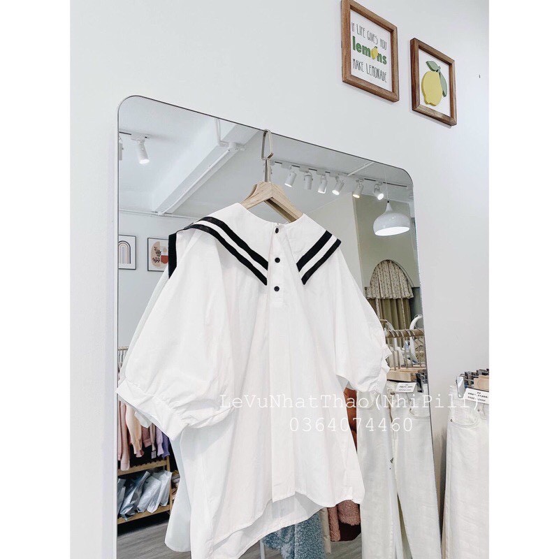 Áo Babydoll Sơ Mi Tay Ngắn Bồng Họa Tiết Viền Đen Cổ Thủy Thủ - Áo Hải Quân Somi Phối Cúc Ngực Ulzzang