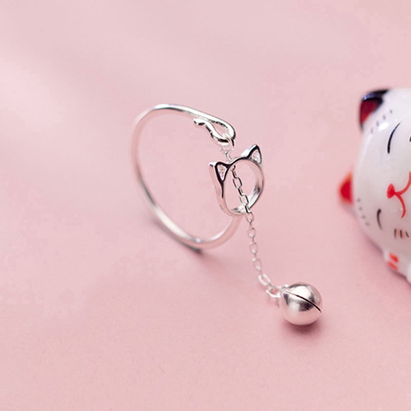 Nhẫn bạc hình mèo phối chuông thiết kế hở thời trang cho nữ
