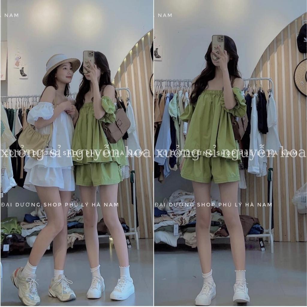 Sét bộ áo trễ vai tay bồng kèm quần sooc đùi 2 màu trắng xanh bơ siêu xinh chất đũi xước xịn chuẩn ảnh