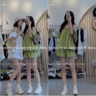 set bộ áo trễ vai tay bồng kèm quần sooc đùi 2 màu trắng xanh bơ siêu xinh chất đũi xước xịn đẹp chuẩn hình