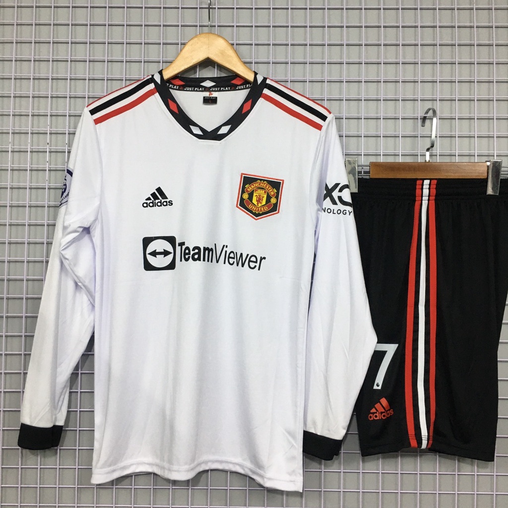 Bộ quần áo đá banh RONALDO MU trắng DÀI TAY sân khách 2023