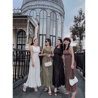 Đầm maxi dập ly cổ tròn sát nách!