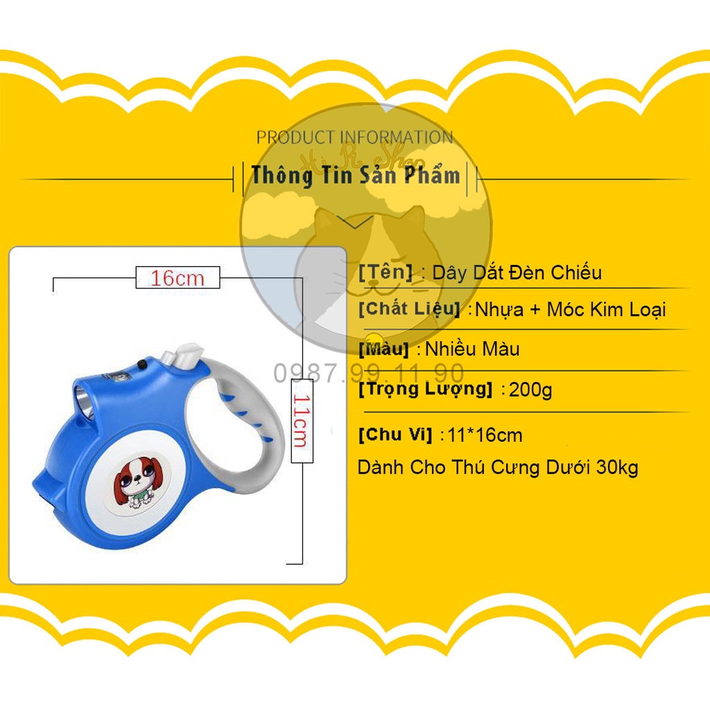 [FullBox]Dây Dắt Chó Mèo Tự Động Kéo Dài Và Thu Dây 5m Dây Dẫn Thú Cưng Dưới 35kg Có Đèn Chiếu Sáng Ban Đêm