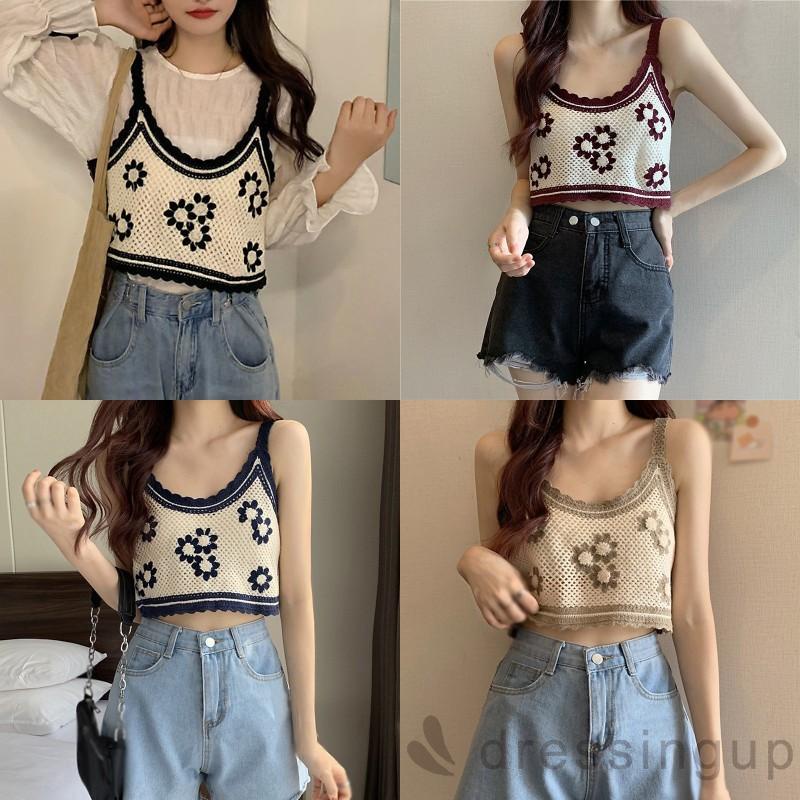 Áo hai dây dệt kim họa tiết hoa thời trang đáng yêu cho nữ