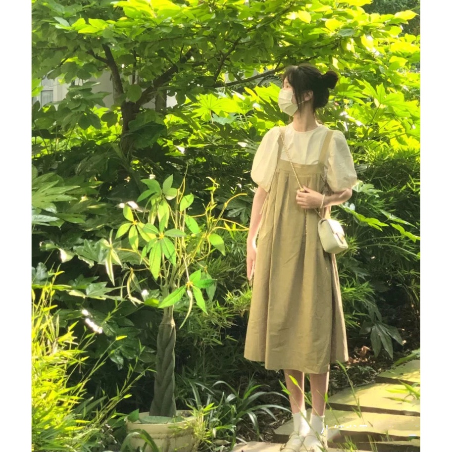 Bộ Áo Liền Quần Tay Phồng Ngắn Lưng Cao Thời Trang Mùa Hè Cho Nữ