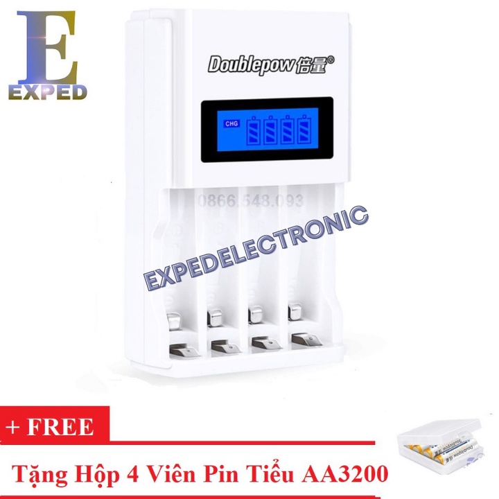 Bộ Sạc Pin tiểu AA, AAA K98 Doublepow tự ngắt khi đầy tốc độ cao màn hình LCD tặng kèm pin sạc AA 3200mAh
