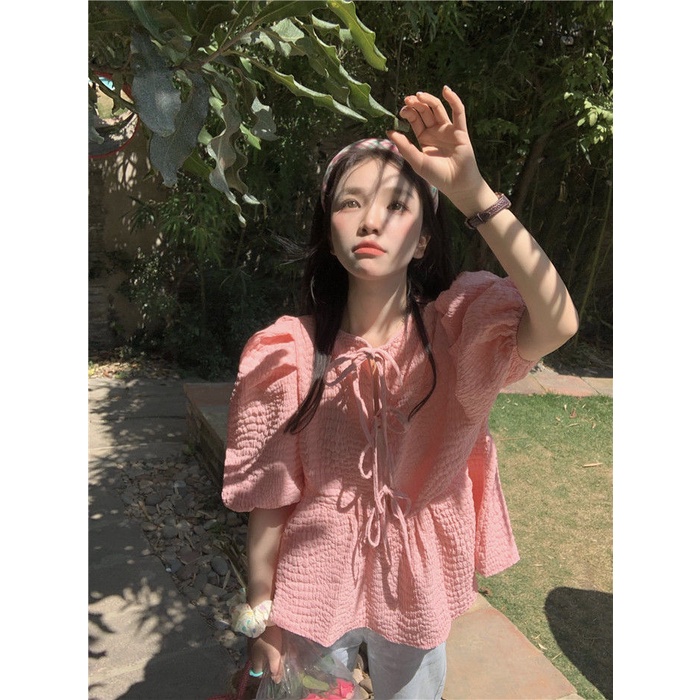 Áo Sơ Mi Voan Tay Phồng Hai Mặt Màu Hồng Thời Trang Xuân Hè Phong Cách Mới 2022