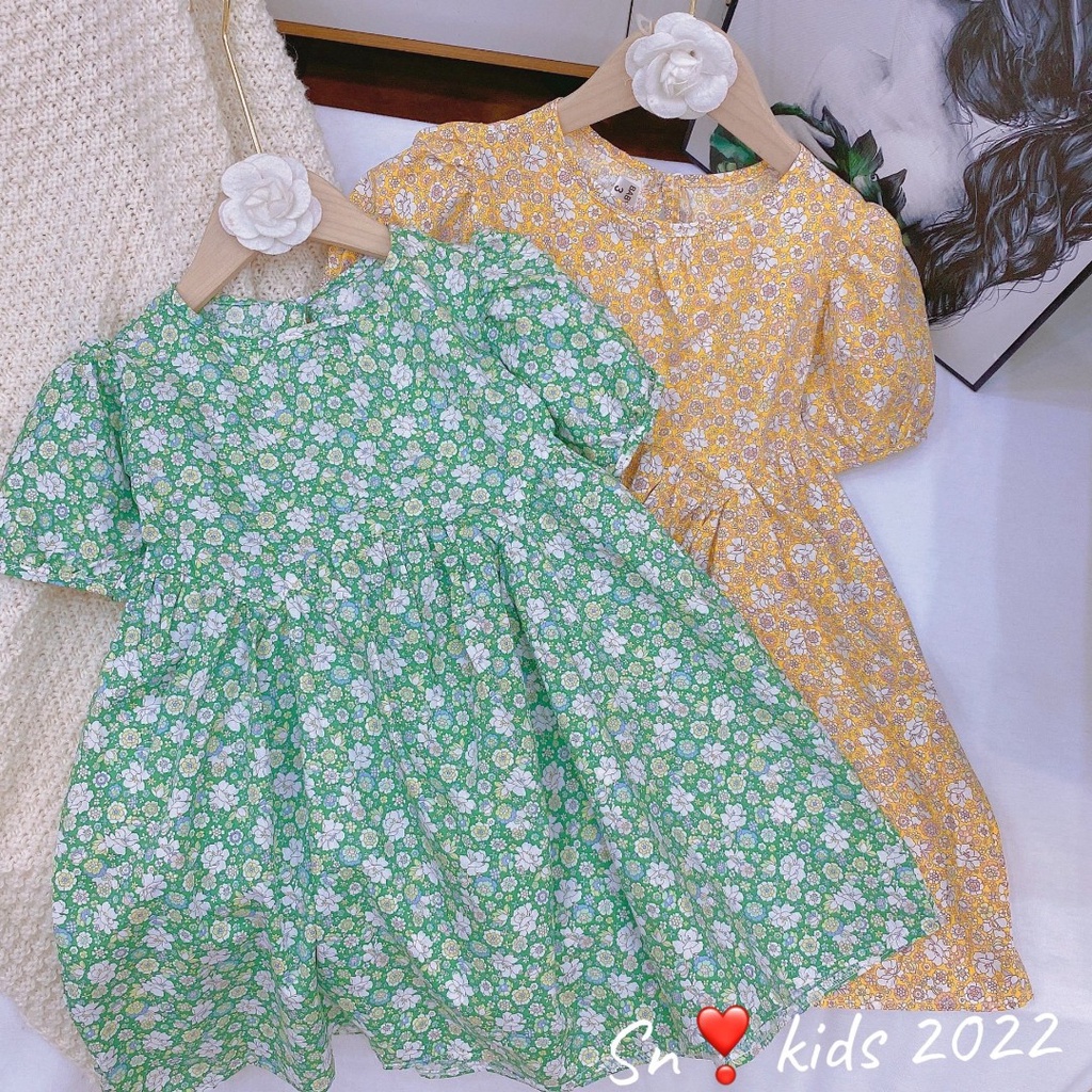 Váy hoa nhí tay bồng bé gái, váy hoa nhí thô bồng bềnh thân váy cách điệu cho bé