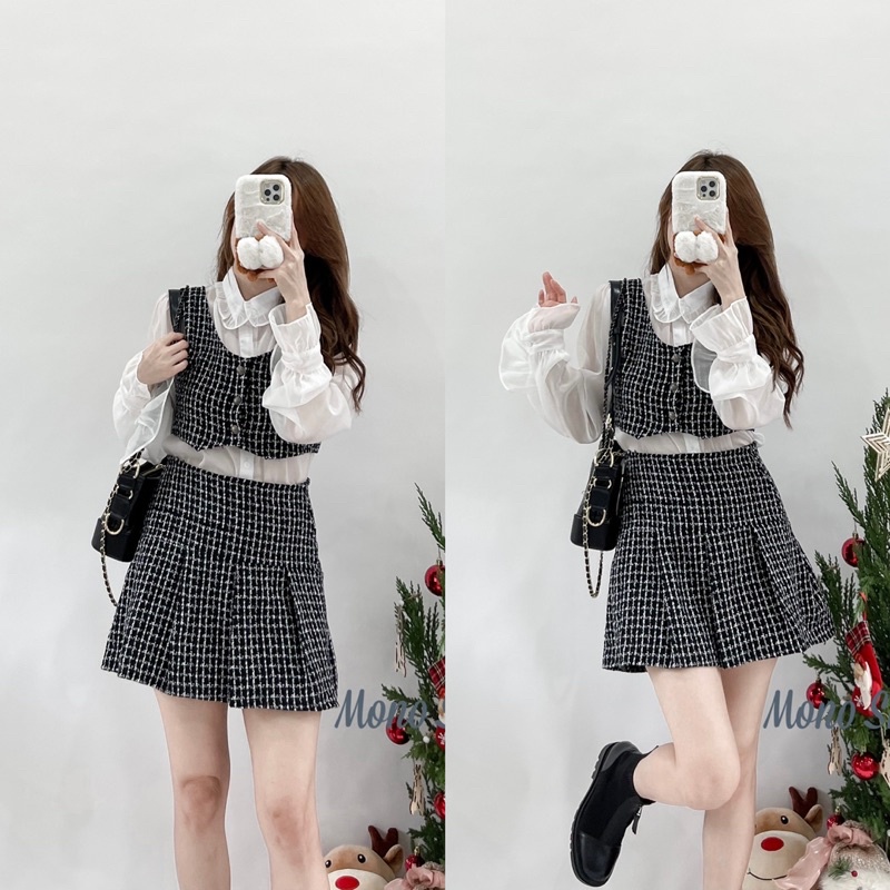 Set 3 món áo sơ mi voan kính kèm chân váy bố xếp ly to và áo ghile bố Ảnh thật/ sẵn