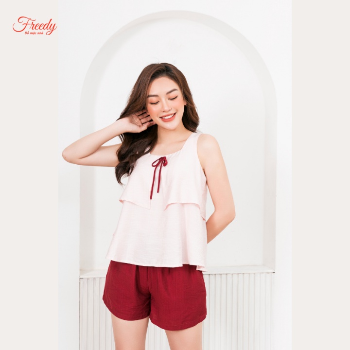Đồ ngủ nữ Freedy-Bộ sát nách 2 tầng đính nơ -BS1267