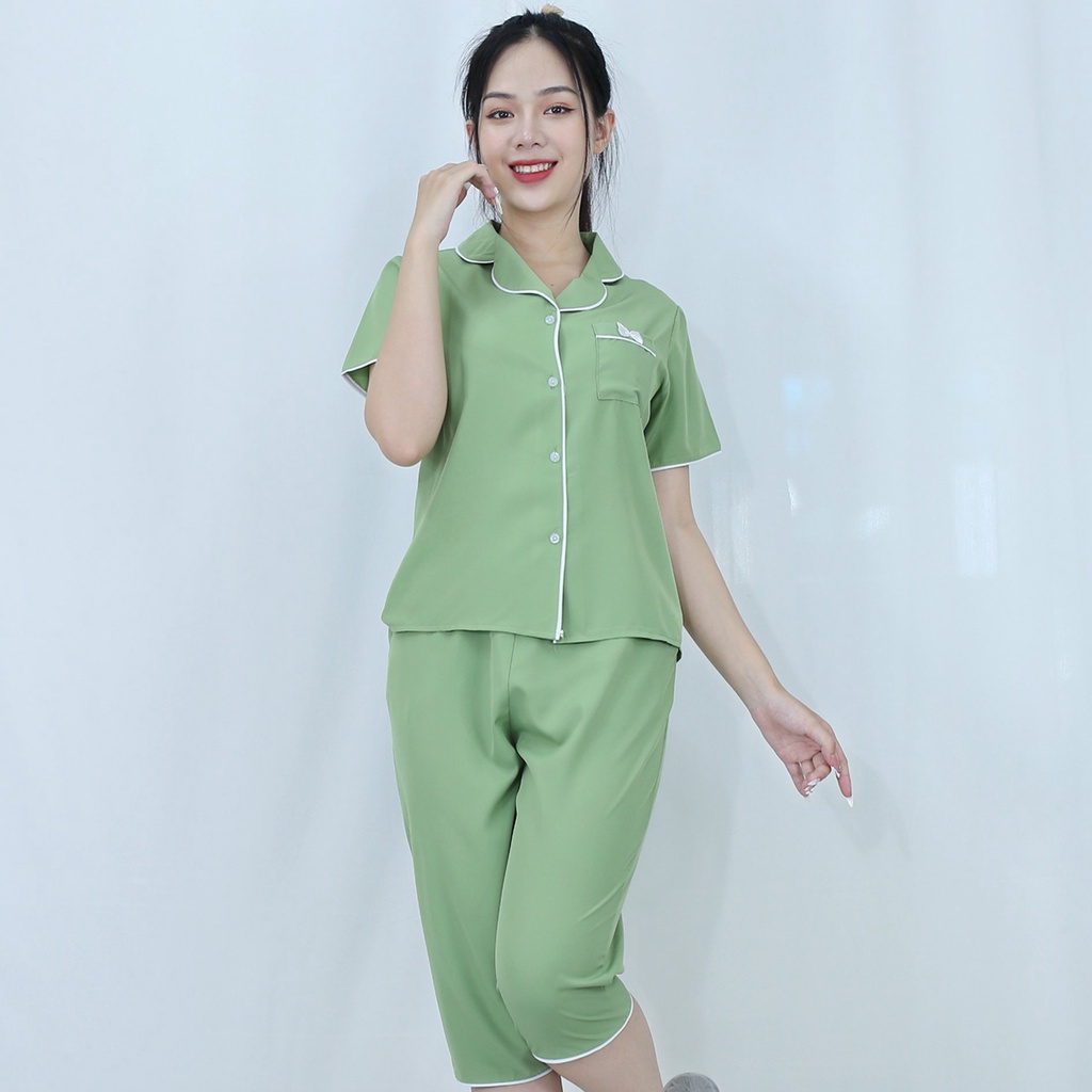 Bộ quần áo Pijama nữ XANH ĐẬU Ngắn Tay Quần Lửng vải  lụa cao cấp - Thoáng Mát Thoải Mái - Mặc là thích ngay !