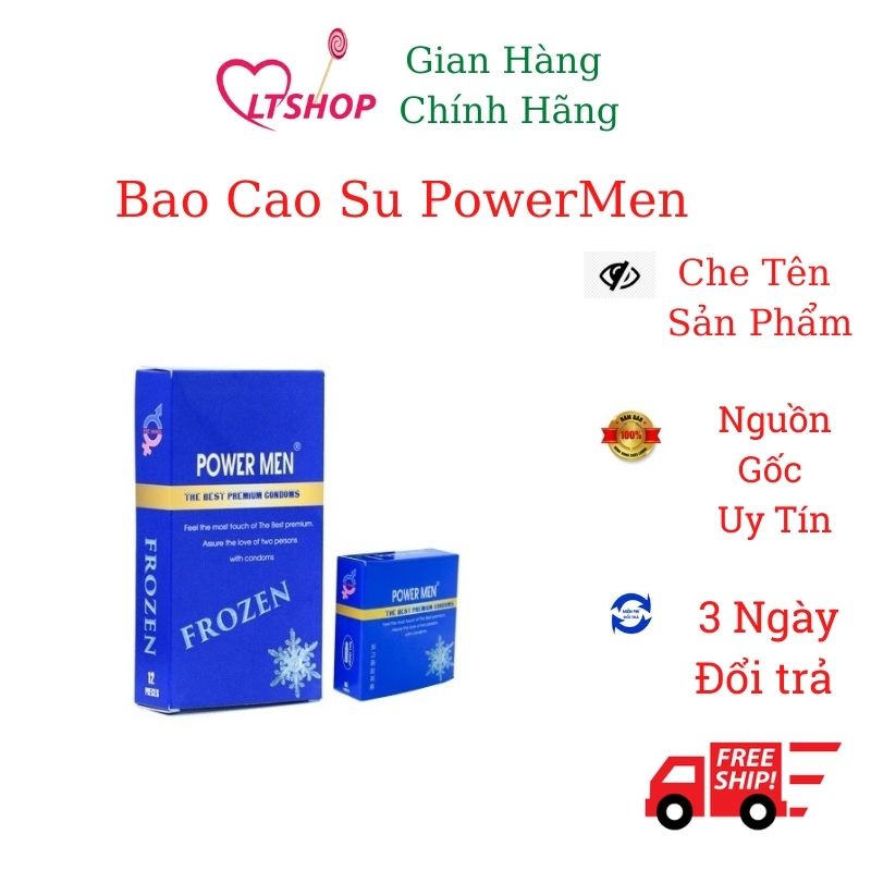 Bao cao su POWER MEN FROZEN gân gai tăng khoái cảm hương bạc hà mát lạnh 9% Benzocain siêu kéo dài thời gian hộp 12 cái