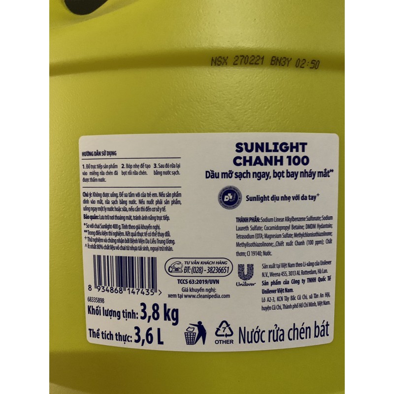 Nước Rửa Chén Sunlight Chanh Can 3,6kg