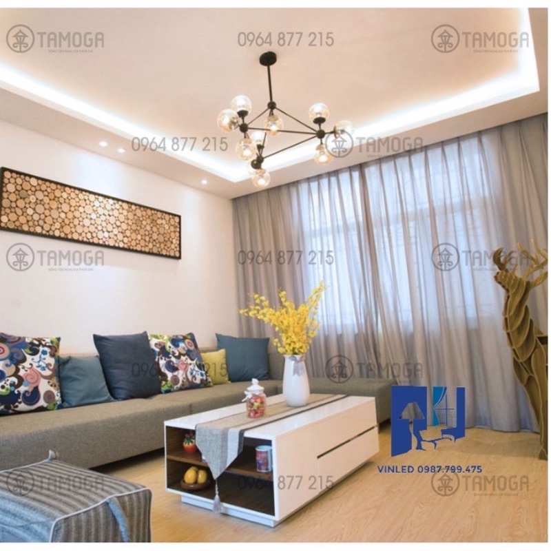Đèn trần phòng khách, đèn treo trần nguyên tử 10 bóng HAPOVA HELI 4568 + Kèm  bóng led