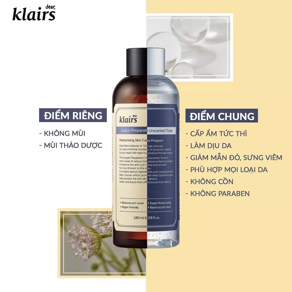 Toner Klairs Cho Da Nhạy Cảm Nước Hoa Hồng Dear Klairs  Supple Facial/Unscented Preparation Toner 180ml