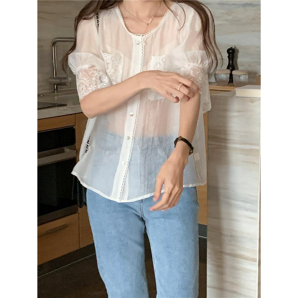 Áo Sơ Mi Chiffon Ngắn Tay Thêu Họa Tiết Tinh Tế 53697