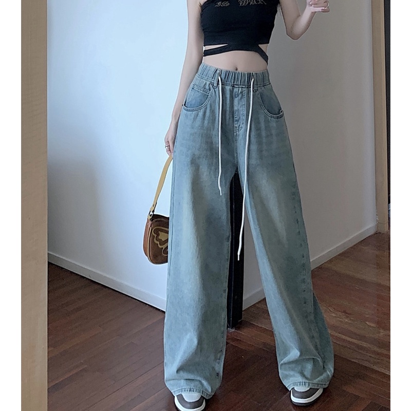 Quần Jean Nữ Ống Rộng Lưng Cao Co Dãn Tốt Hợp Thời Trang